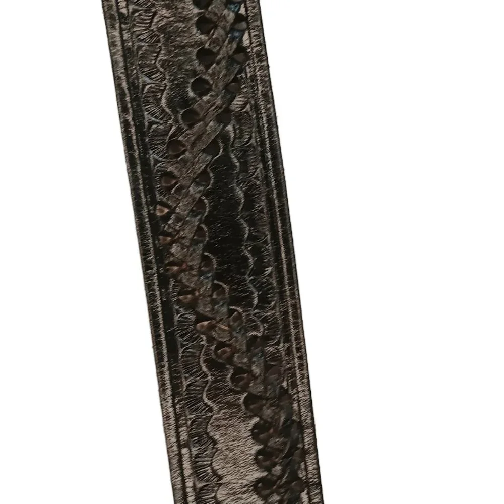 Black Leather Belt Woven Detail Scallop Design Gold Silver Sparkle Buckle